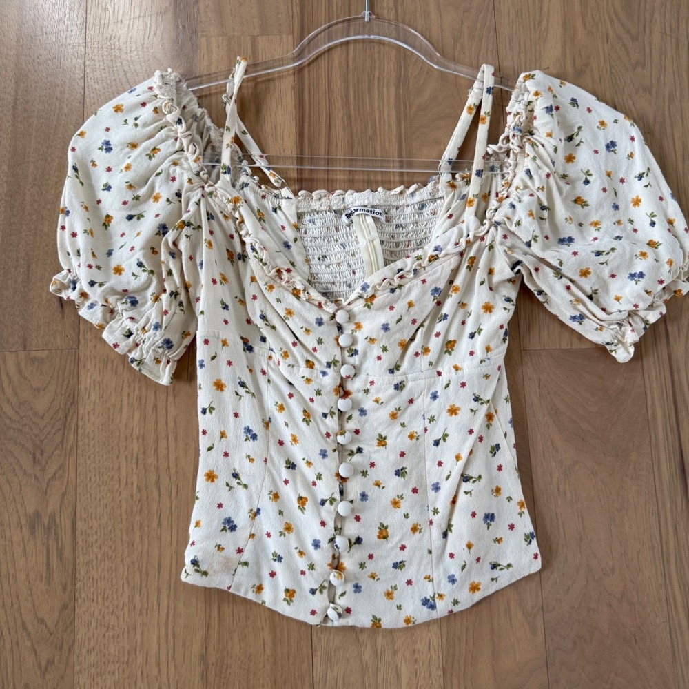 Reformation Floral Blouse Puff Sleeve‎ Button Front Top Cottagecore Size 4